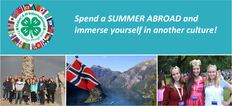 blue banner that reads spend a summer abroad and immerse yourself in culture with states 4-H international logo on the left and 3 photos of norway below. 