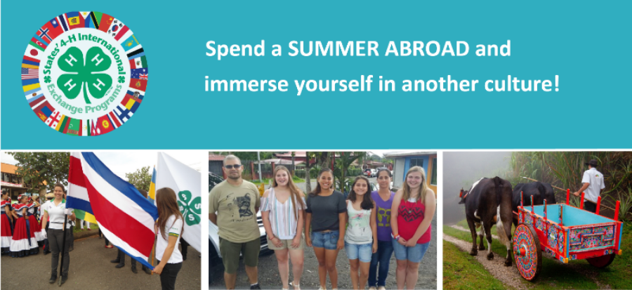 blue banner that reads spend a summer abroad and immerse yourself in culture with states 4-H logo and 3 images from costa rica exhanges. 