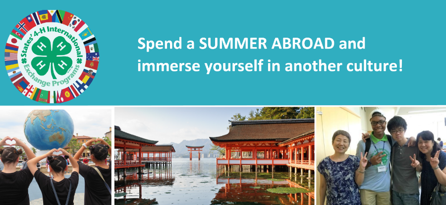 blue banner that reads spend a summer abroad and immerse yourself in culture with states 4-H logo and 3 images from japan exhanges. 