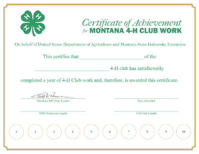 green and gold certificate of Achievement for club work wih circles for 1 to 10 year stickers